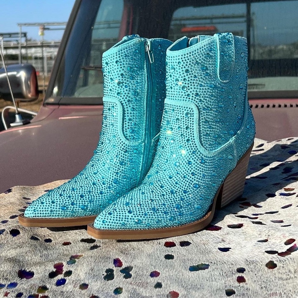 Very G Turquoise Rhinestone Western Booties